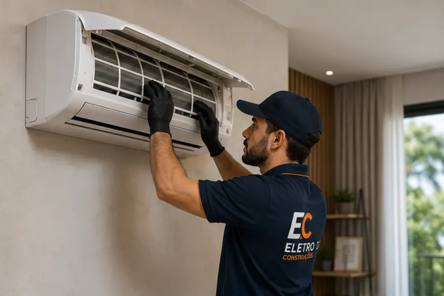 Técnico da EC Eletro Construções realizando manutenção de ar-condicionado split