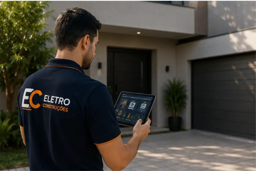 Técnico da EC Eletro Construções com registro digital de manutenção em residência